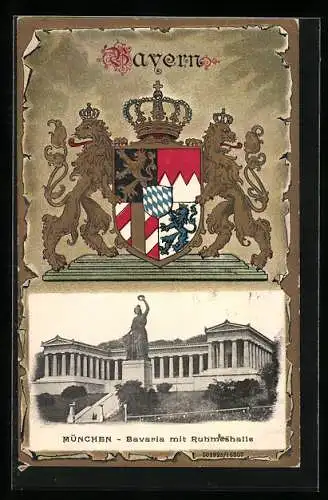 Passepartout-Lithographie München, Bavaria mit Ruhmeshalle, Wappen