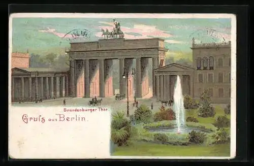 Lithographie Berlin, Brandenburger Tor, Brunnen, Pferdekutschen