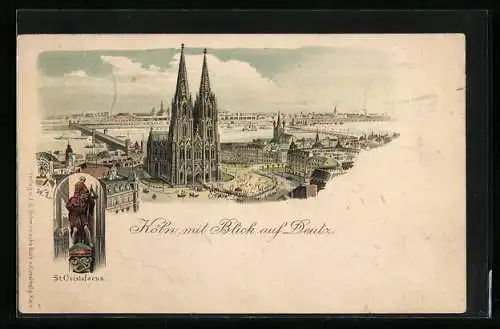 Lithographie Köln, St. Christoforus, Dompartie mit Blick auf Deutz