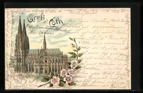 Lithographie Köln, Dom mit Blütenzweig