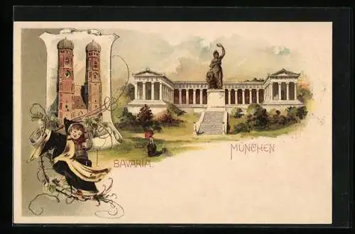 Lithographie München, Bavaria mit Ruhmeshalle, Frauenkirche und Münchner Kindl