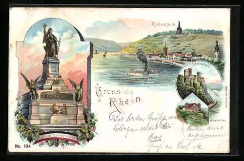 Lithographie Rüdesheim, National-Denkmal, Rheinstein, Schweizerhaus