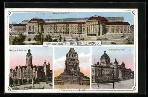 AK Leipzig, Hauptbahnhof, Neues Rathaus, Reichsgericht