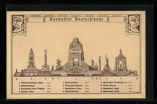 Künstler-AK Leipzig, Völkerschlachtdenkmal, Kyffhäuserdenkmal, Porta Westfalica Kaiserdenkmal