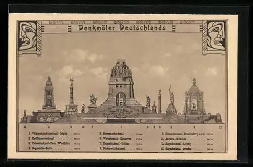 Künstler-AK Leipzig, Völkerschlachtdenkmal, Kyffhäuserdenkmal, Porta Westfalica Kaiserdenkmal