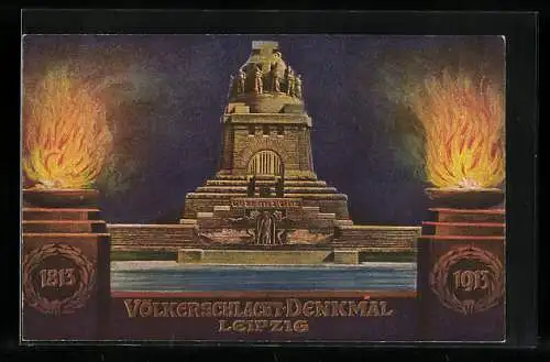 AK Leipzig, Völkerschlacht-Denkmal, 1813-1913, Feuerschalen