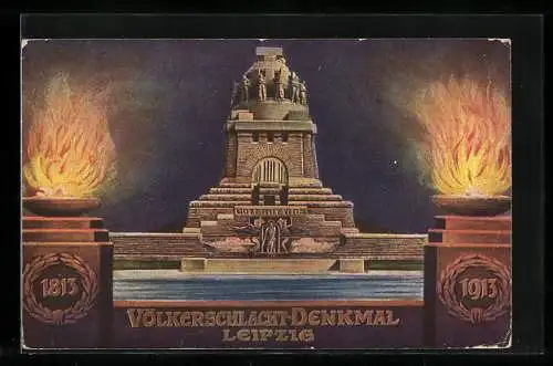 AK Leipzig, Völkerschlacht-Denkmal, 1813-1913, Feuerschalen