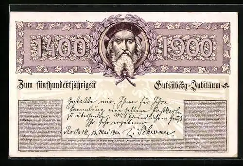 Künstler-AK 500 Jahre Gutenberg-Buchdruck, 1400-1900