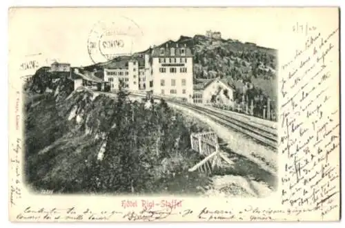 Relief-AK Rigi-Staffel, Hotel und Bergbahn