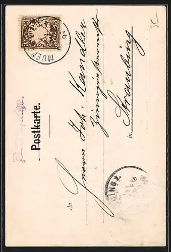 AK München, Kunst-Zinngiesserei Gebr. Allmann, Marsstr. 9, Marienplatz mit Denkmal