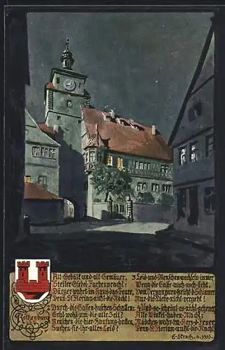 Künstler-AK Rothenburg / Tauber, Ortspartie bei Nacht, Gedicht, Wappen