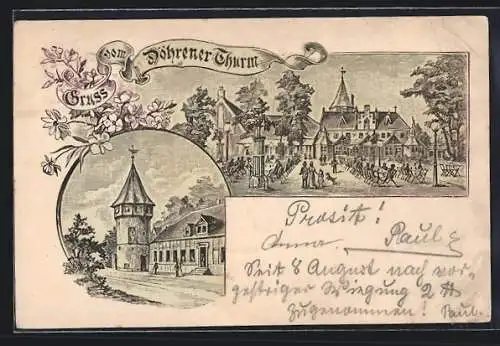 Lithographie Döhren / Hannover, Döhrener Thurm mit Café und Besuchern