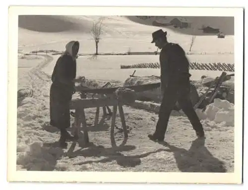 Fotografie Bauernpaar sägt Brennholz im Winter zurecht