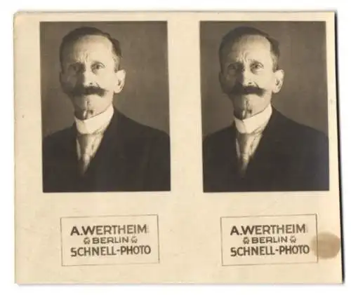 Fotografie A. Wertheim, Berlin, Schnell-Photo, Automatenfoto, Portrait betagter Herr mit Schnauzbart