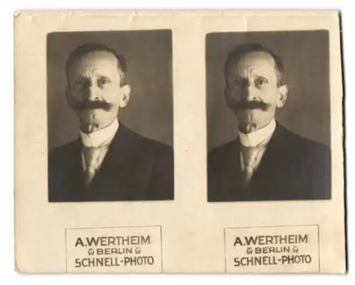 Fotografie A. Wertheim, Berlin, Schnell-Photo, Automatenfoto, Portrait betagter Herr mit Schnauzbart