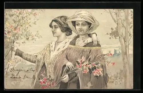 AK Zwei Damen mit Hüten und Blumen im Jugendstil