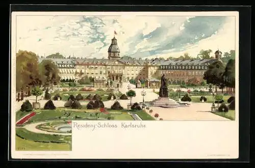 Lithographie Karlsruhe, Residenz-Schloss mit Vorhof