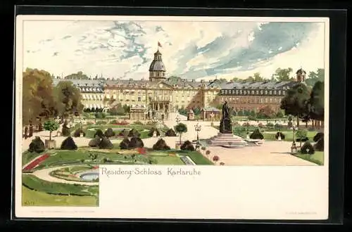 Lithographie Karlsruhe, Residenz-Schloss mit Vorhof