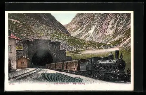 AK Gotthardbahn-Expresszug aus einen Tunnel fahrend, um 1900