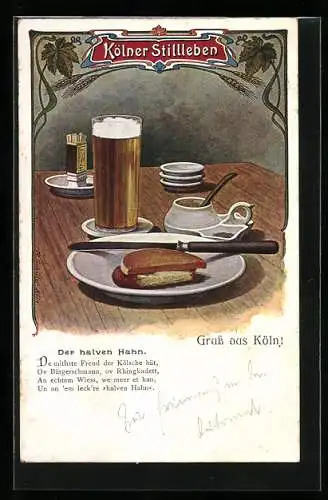 AK Kölner Stillleben, Der halven Hahn, Rezept, Kuriosa, Bier, Streichhölzer