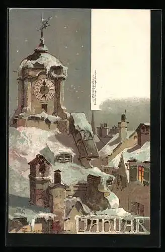 Künstler-AK T.Guggenberger: Monatsgrüsse, Januar, schneebedeckter Kirchturm