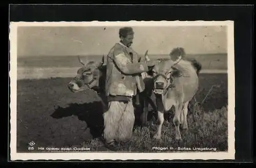 AK Bulgarischer Bauer mit dem Ochsengespann auf dem Feld