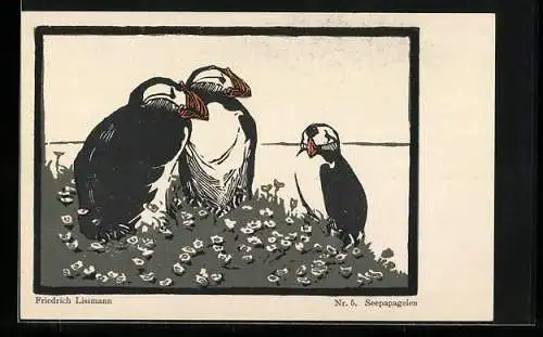 Künstler-AK Friedrich Lissmann: Seepapageien auf einer Blumenwiese