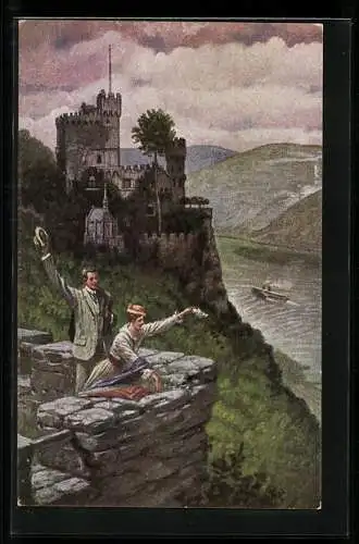 Künstler-AK Arthur Thiele: Liebespaar winkt von einer Burg am Sonntag in der Morgenstund