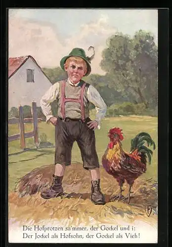 AK Junge in Tracht steht mit dem Hahn auf dem Misthaufen