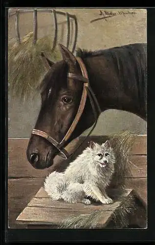 Künstler-AK August Müller - München: Hund sitzt neben einem Pferd im Stall