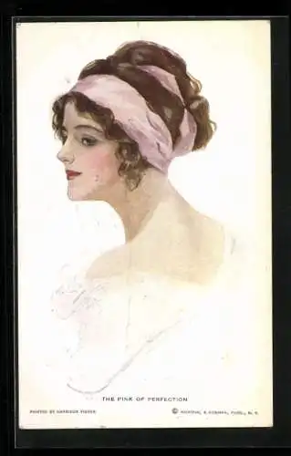 Künstler-AK Harrison Fisher: junge Dame mit rosa Haarband
