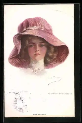 Künstler-AK Philip Boileau: Miss America, Frau mit grossem rosa Hut
