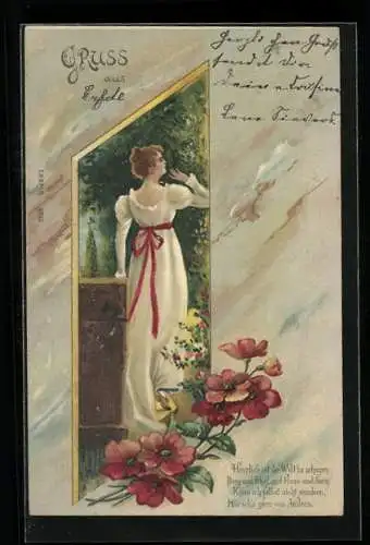 Künstler-AK Junge Frau blickt in die Frühlingslandschaft, Blütenzweig