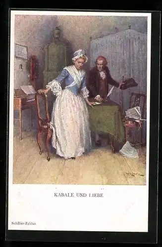 Künstler-AK sign. Printz: Szene aus Kabale und Liebe, Mann und Frau in Stube, Friedrich Schiller