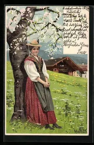 Künstler-Lithographie Alfred Mailick: Fräulein unter blühendem Kirschbaum