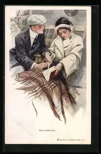 Künstler-AK Harrison Fisher: The Proposal, junger Mann macht seiner Liebsten an Deck des Schiffes einen Antrag