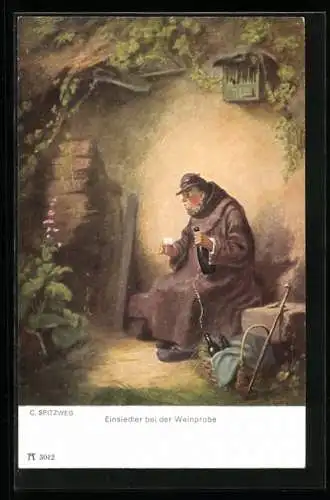 Künstler-AK Hermann Rüdisühli: Einsiedler bei der Weinprobe