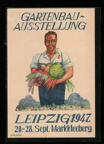 AK Leipzig, Gartenbau-Ausstellung 1947, Markkleeberg, Bauer hält Obst & Gemüse