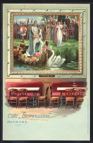 Lithographie Hamburg-Neustadt, Cafe Schwegler, Gänsemarkt, Wandgemälde Lohengrin, Innenansicht