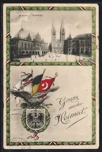 AK Bremen, Kirche am Marktplatz, Adler mit Fahnen und Wappen