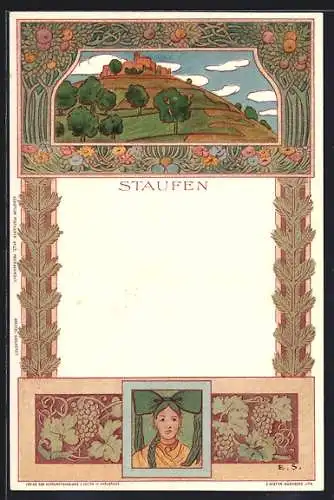 Lithographie Staufen / Breisgau, Blick zur Burg und junges Mädchen im Jugendstil