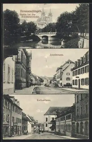 AK Donaueschingen, Karlstrasse mit Geschäften, Josefstrasse mit Bank, Schützenbrücke