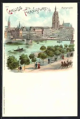 Lithographie Frankfurt a. M., Mainansicht, Strassenpartie mit Passanten