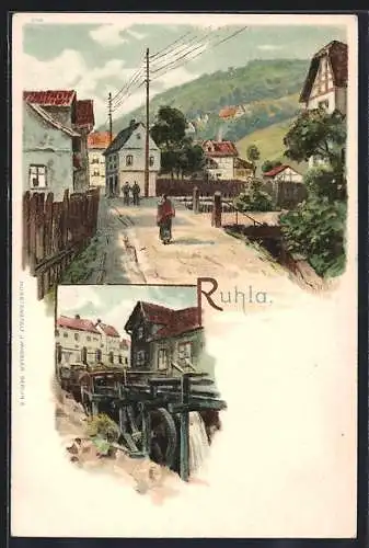 Lithographie Ruhla, Ortspartie mit Brücke und Wassermühle