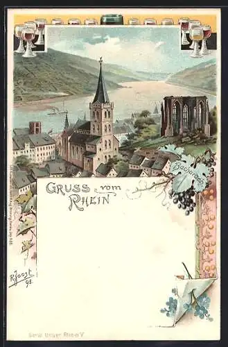 Lithographie Bacharach /Rhein, Genossenschafts-Versammlung der Nordd. Holz-Berufs-Genossenschaft 1898, Blick zur Kirche