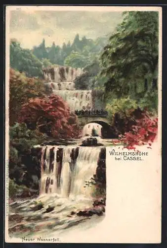 Lithographie Wilhelmshöhe bei Kassel, Neuer Wasserfall