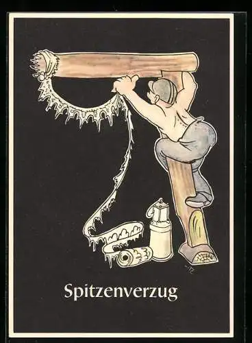 Künstler-AK sign. H. Moritz: 48 bergmännische Begriffe karikiert, aus Lustige Gezähekiste, Bild 34: Spitzenverzug