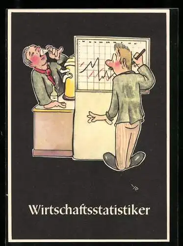 Künstler-AK sign. H. Moritz: Lustige Gezähekiste - 48 bergmännische Begriffe, Bild 36, Wirtschaftsstatistiker