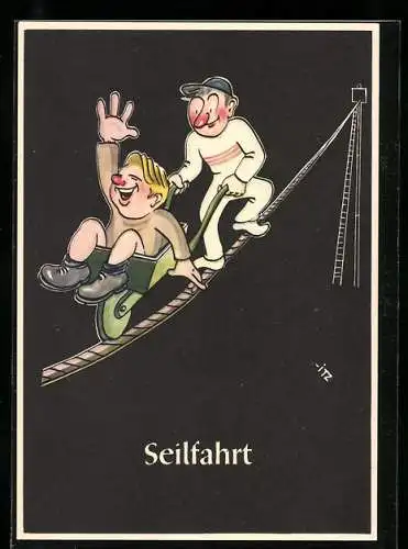 Künstler-AK sign. H. Moritz: bergmännische Begriffe karikiert aus Lustige Gezähekiste, Nr. 43: Seilfahrt