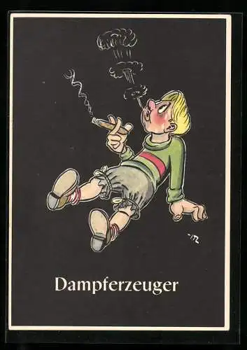 Künstler-AK sign. H. Moritz: 48 bergmännische Begriffe karikiert, aus Lustige Gezähekiste, Bild 48: Dampferzeuger